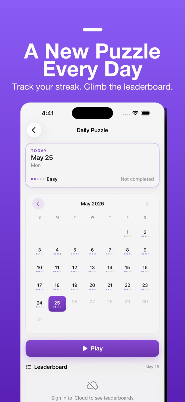 Daily Puzzle screen - a new puzzle every day with streak tracking and leaderboards