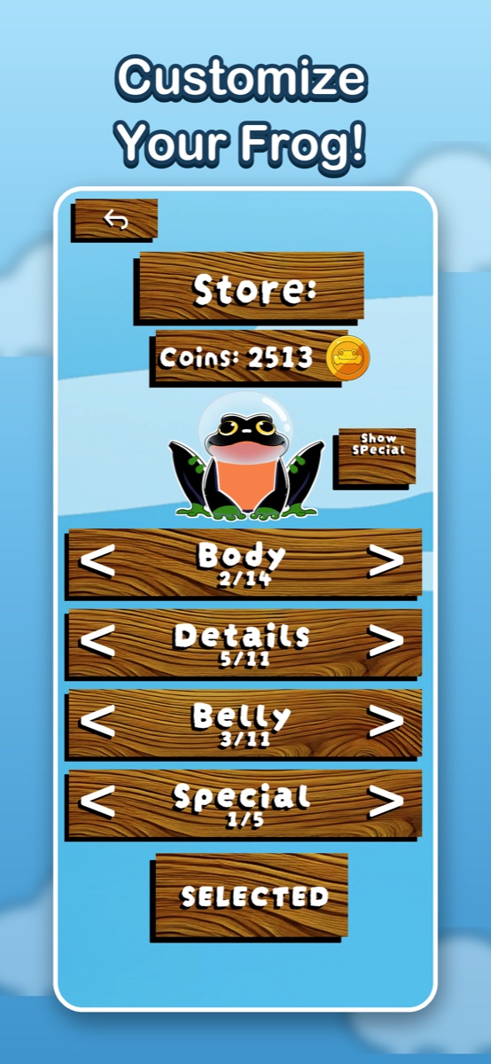 Spring Jump store - customizing your frog's colors